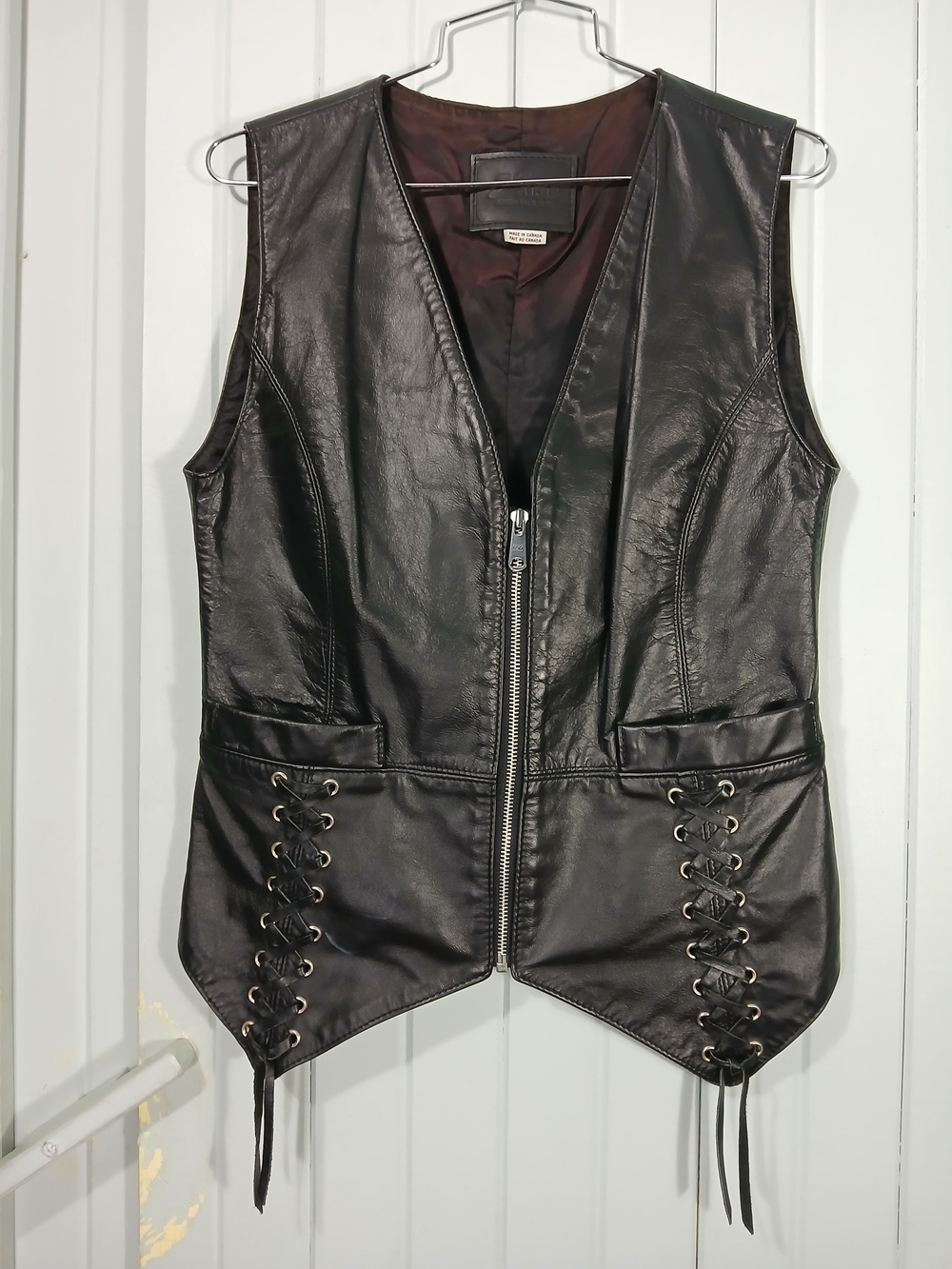 Black Leather Lace-Up Zip Front Women's Vest